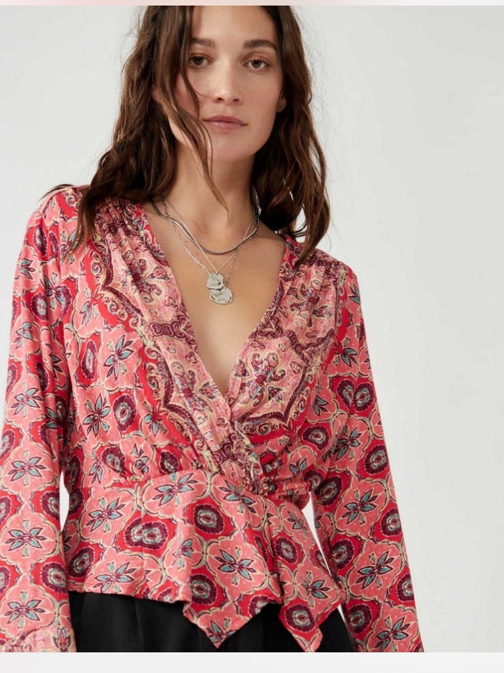 Free People “Falling For You” Wrap Top Hibiscus Combo Boho Blouse Festival